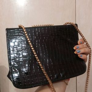 Black Textured Partywear Sling Bag For Women