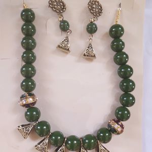 Green Beads Oxidised Choker Necklace Set