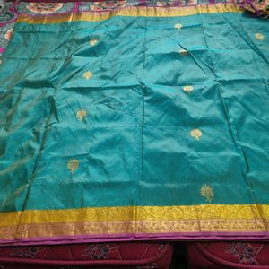 Teal With Purple Pure Silk Saree