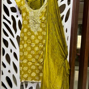 Olive Round Neck Embroidered Shalwar Suit