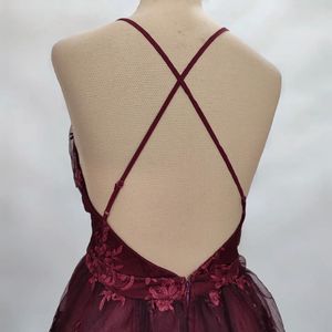 V neck tulle lace short wine colored prom dresses,