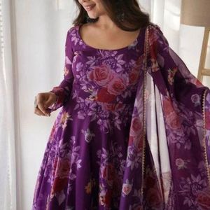 Purple Printed Anarkali Suit Set