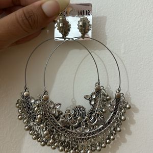 Peacock Silver Kundan Type Circular Jhumka Earring