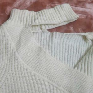 White  Neck Cut Sweater  With Puff Hands