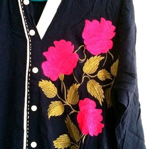 Pure Cotton Navy Blue Kurta With Roses