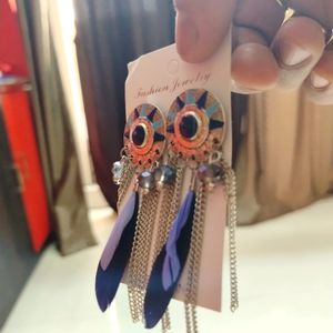 Designer Blue Feathered Ear Rings