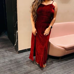 Maroon Velvet Party Wear Dress With Slit