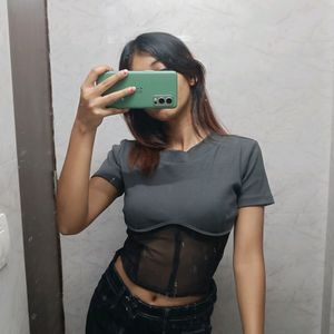 Grey Half Mesh Crop Top