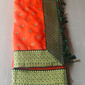 Elegant Poly Silk Orange Saree  Traditional Design