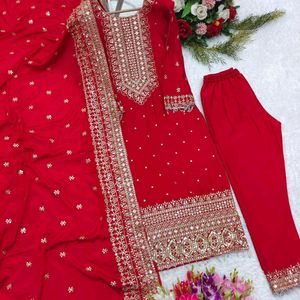 Embroidery Top Pant With Dupatta Set