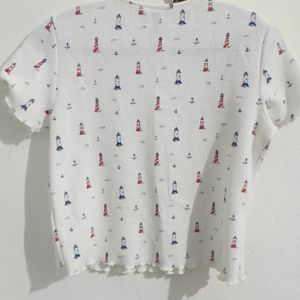 White Nautical Print Short Sleeve Top