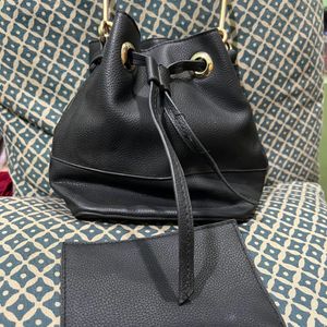 DressBerry Black Bucket Handbag With Small Wallet