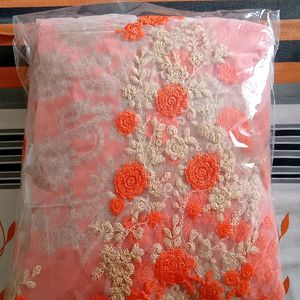 Net Embroidered Orange Saree