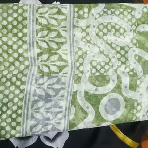 Green White Supernet Saree Without Blouse