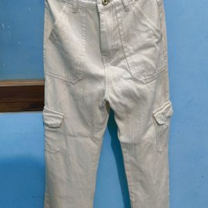 Cream Colour Cargo Denim Jeans