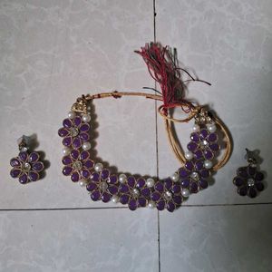 Violet Colour Flower Shape Jewellery  With Earring