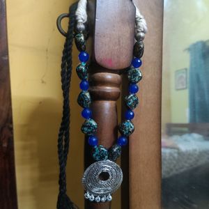 Blue Onyx Stone Necklace With Oxidized Pendant