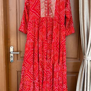 Red Bandhini Print Long Frock