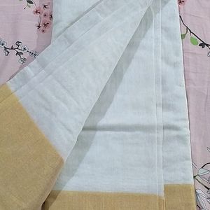 White Cotton Saree With Golden Border