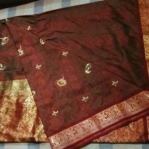 Greenish Maroon Grand Silk Saree With Blouse