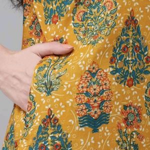 Cotton Mustard Yellow and Green Printed Kurta