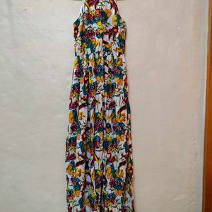 Floral Print Halter Neck Side Cut Long Dress