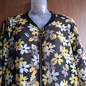 Floral Print Full Zip Fashion Top