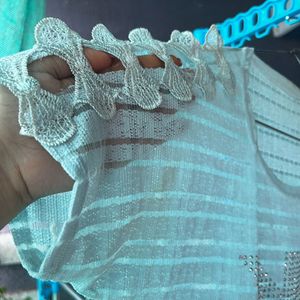 Rhinestones Stone Stutted Light Blue Sheer Top