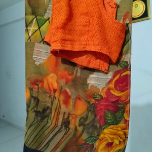 Orange Flower Multi Design Saree