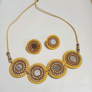 Yellow Fabric Mirror Choker Necklace With Earrings