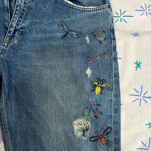 Zara Ripped Denim Jeans With Embroidery