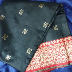 Black Sari With Red And Golden Embroidery Border