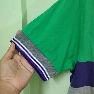 Green And Purple Multicolour Tshirt With Collar