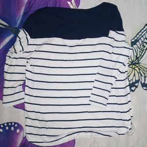 White & Navy Blue Striped Pure Cotton Top