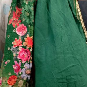 Green Banarasi Suit With Plazo And Dupatta