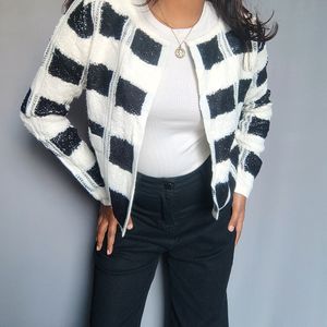 Checked Knit Crop Cardigan