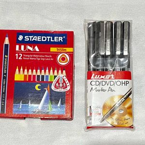 Combo !!! 12 Water Color Pencils + 5 Marker Pens