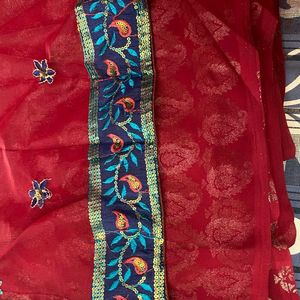 RED NET SAREE WITH BLOUSE