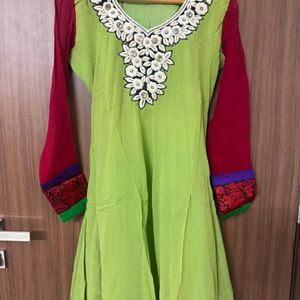 Green Hand Embroidered Georgette Anarkali With Du