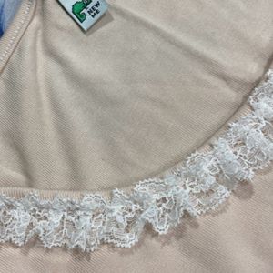 Beige Lace Detail Square Neck Top