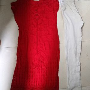 Red Kurti And White jegging