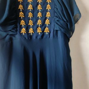 Navy Blue Gown With Ruffel Sleeves