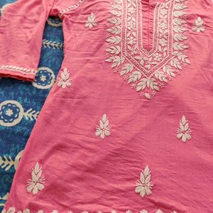 Pink Short Kurta With White Embroidery