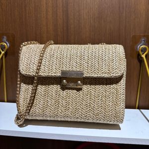 Beige Wicker Bag With Chain Handle