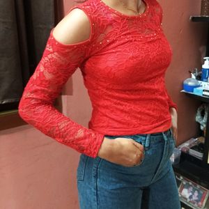 Cherry Red Off/cool Shoulder Top