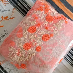 Net Embroidered Orange Saree