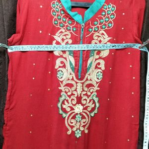 Embroidery Cotton Red kurti designer Rhinestone