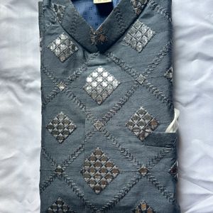 Elegant Grey Mirror Work Nehru Jacket- Size M=42