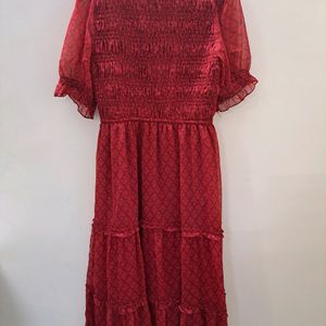 Red Smocked Dress Puff Sleeves