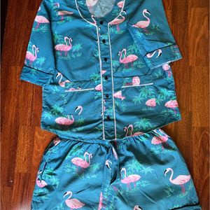House Of Pj Round Neck Turquoise Flamingo 🦩 Short